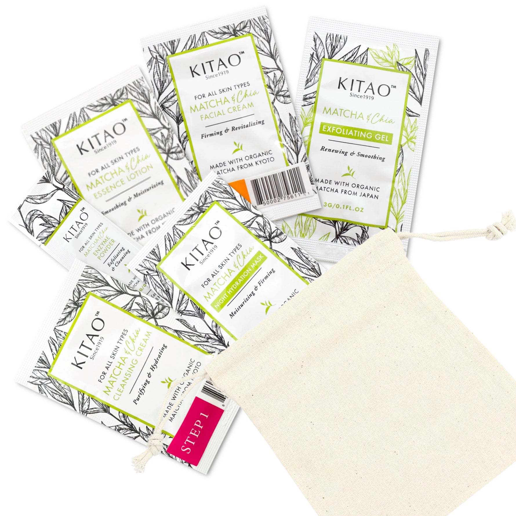 Kitao Matcha one time use product samples individual sachet in cotton pouch.