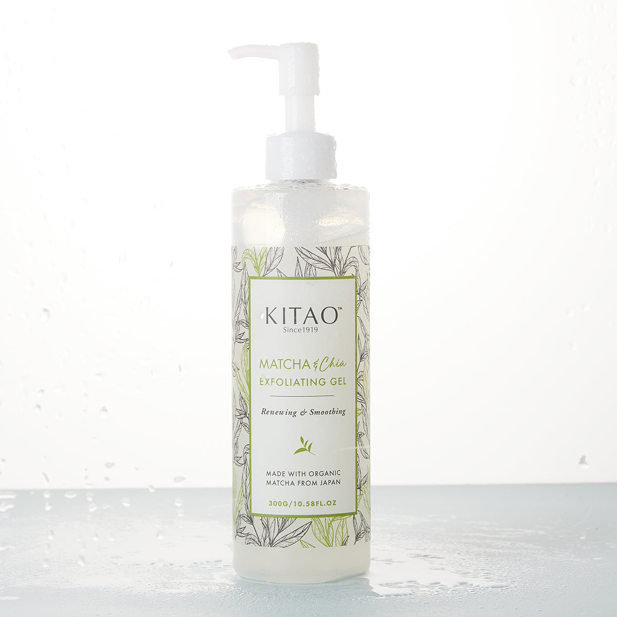 Kitao Matcha Exfoliating Gel with water droplets