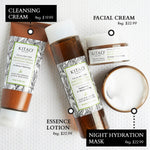 Kitao Matcha Cleansing Cream, Essence Lotion, Facial Cream, and Night Hydration Mask on a white background