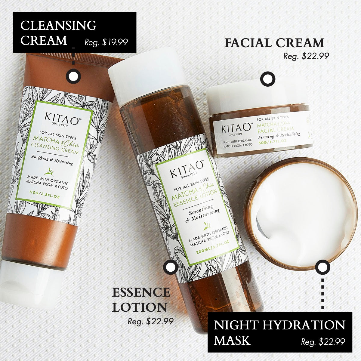 Kitao Matcha Cleansing Cream, Essence Lotion, Facial Cream, and Night Hydration Mask on a white background