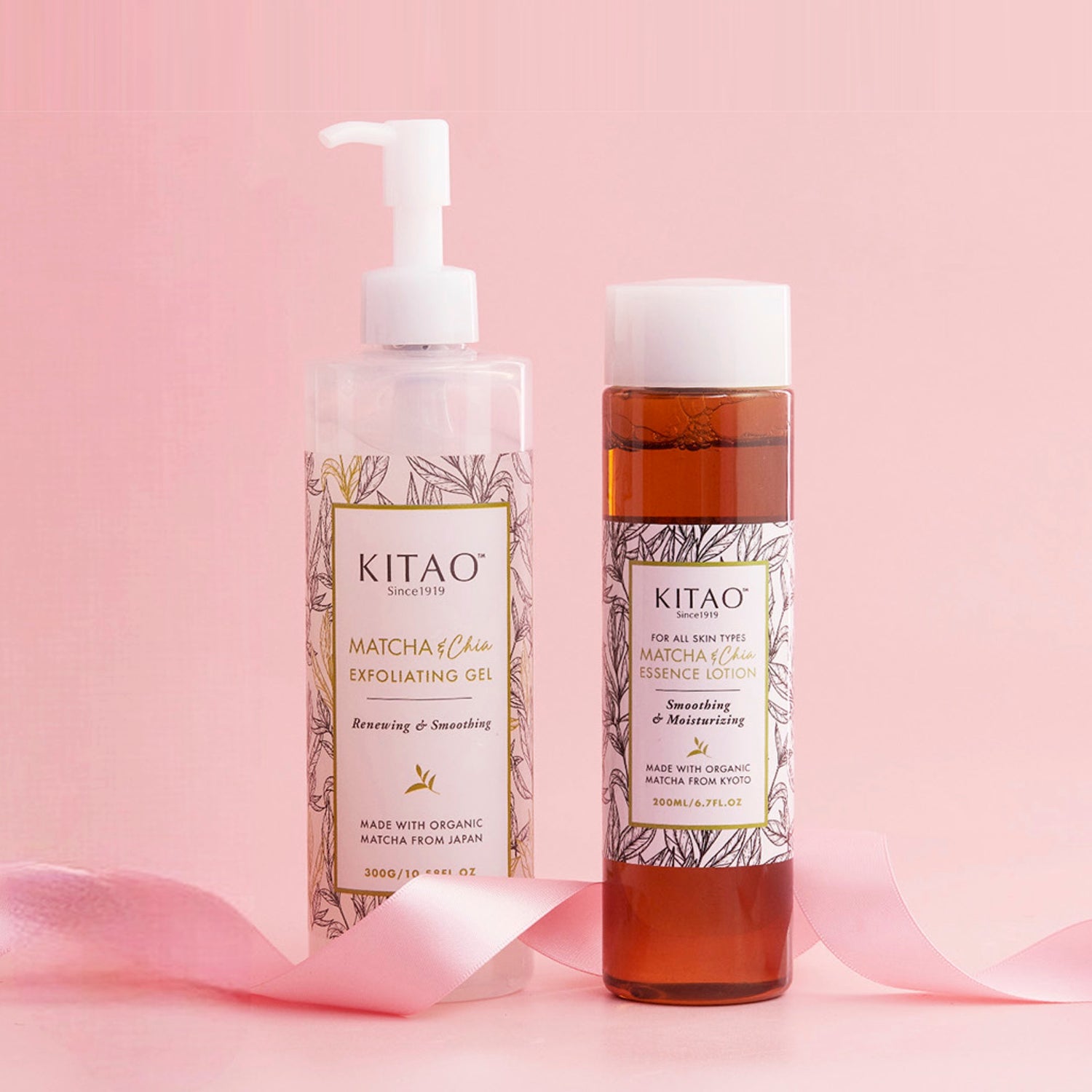 Kitao Matcha Exfoliating Gel and Essence Lotion group shot with bright pink background